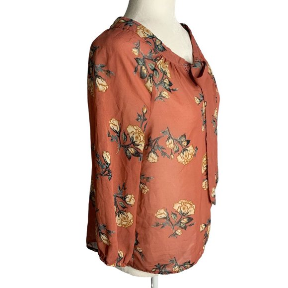 Milk & Honey Boho Floral Blouse M Dark Pink Tie Neck Sheer Balloon Sleeves - Picture 6 of 7